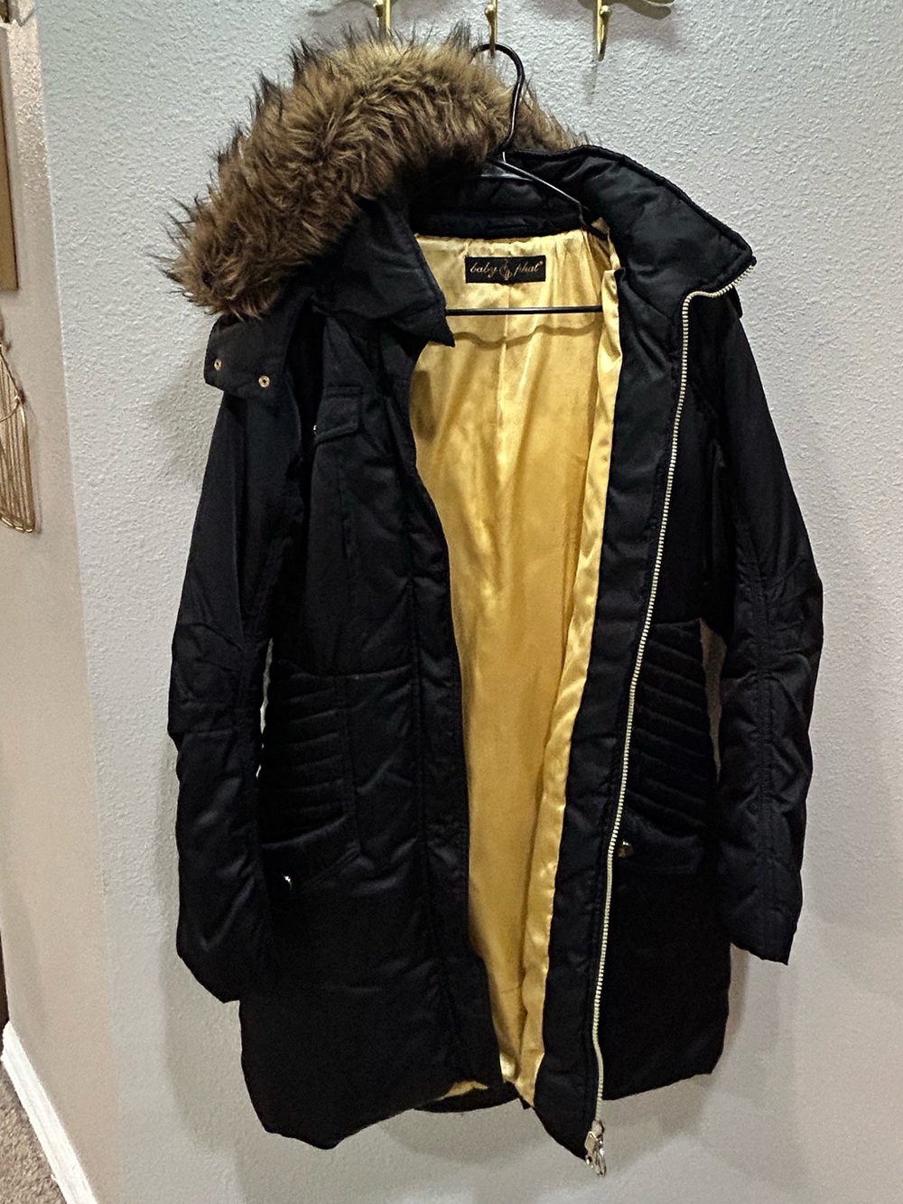 Y2K Baby Phat Black Puffer Coat with Gold Lining and Faux Fur Trimmed Hood